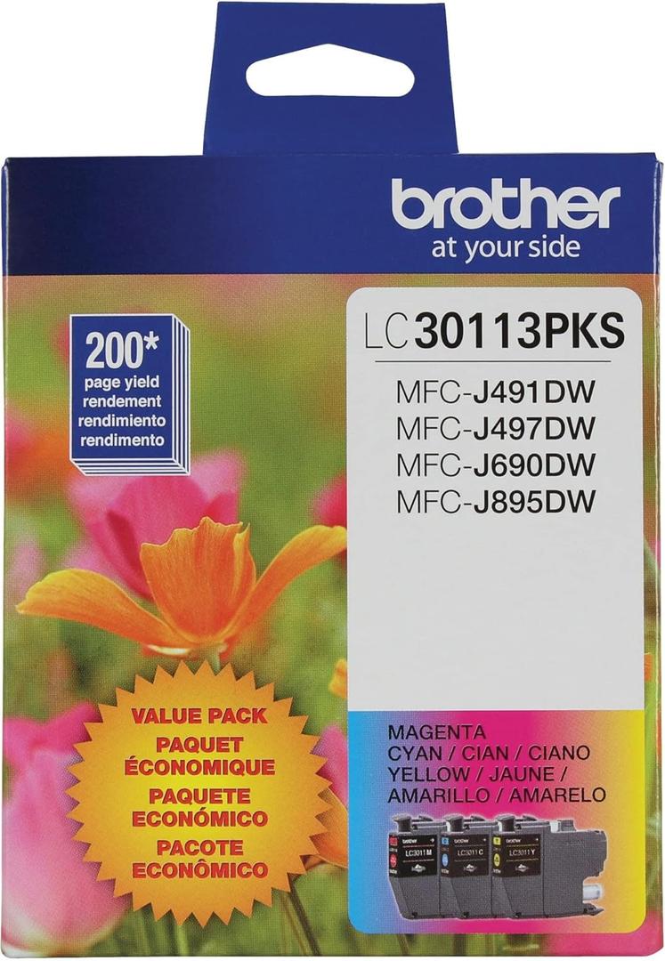 Brother Genuine LC30113PKS 3-Pack Standard Yield Color Ink Cartridges, Page Yield Up to 200 Pages/Cartridge Includes Cyan, Magenta and Yellow, LC3011