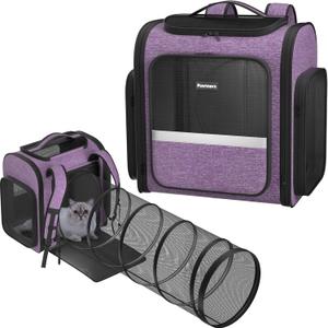 Pawtners Cat Backpack Carrier, Large Space Dog Backpack with Breathable Mesh, Expandable Pet Carrier Backpack for Small Medium Kitten Puppy Up to 18 Lbs, Suitable for Travel Hiking Camping Shopping (15.7"L x 12.6"W x 15.0"H, Purple with Tunnel)