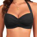Yonique Women Halter Bikini Top Push Up Swimsuit Top Retro Swim Top Twist Front Bathing Suit Top Only (Medium, Black)