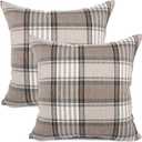 YOUR SMILE Retro Farmhouse Outdoor Buffalo Tartan Chequer Plaid Cotton Linen Decorative Throw Pillow Case Cushion Cover Pillowcase for Sofa 18 x 18 Inch, Set of 2, Khaki/Stripe (Brown)