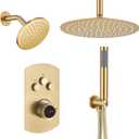 MONDAWE 12 Inch Ceiling Mounted Brushed Gold Shower System, 3-Functions Shower Faucet Set with Rainfall Dual Shower Head and High Pressure Handheld Spray, All Function Can be Used At the Same Time