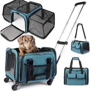 Pet Carrier with Wheels | United Delta American Frontier Airline Approved | Two Expandable Sides, Storage Pockets Adjustable Leash | Rolling Dog and Cat Carrier TSA Compliant (Blue 17x11x11)