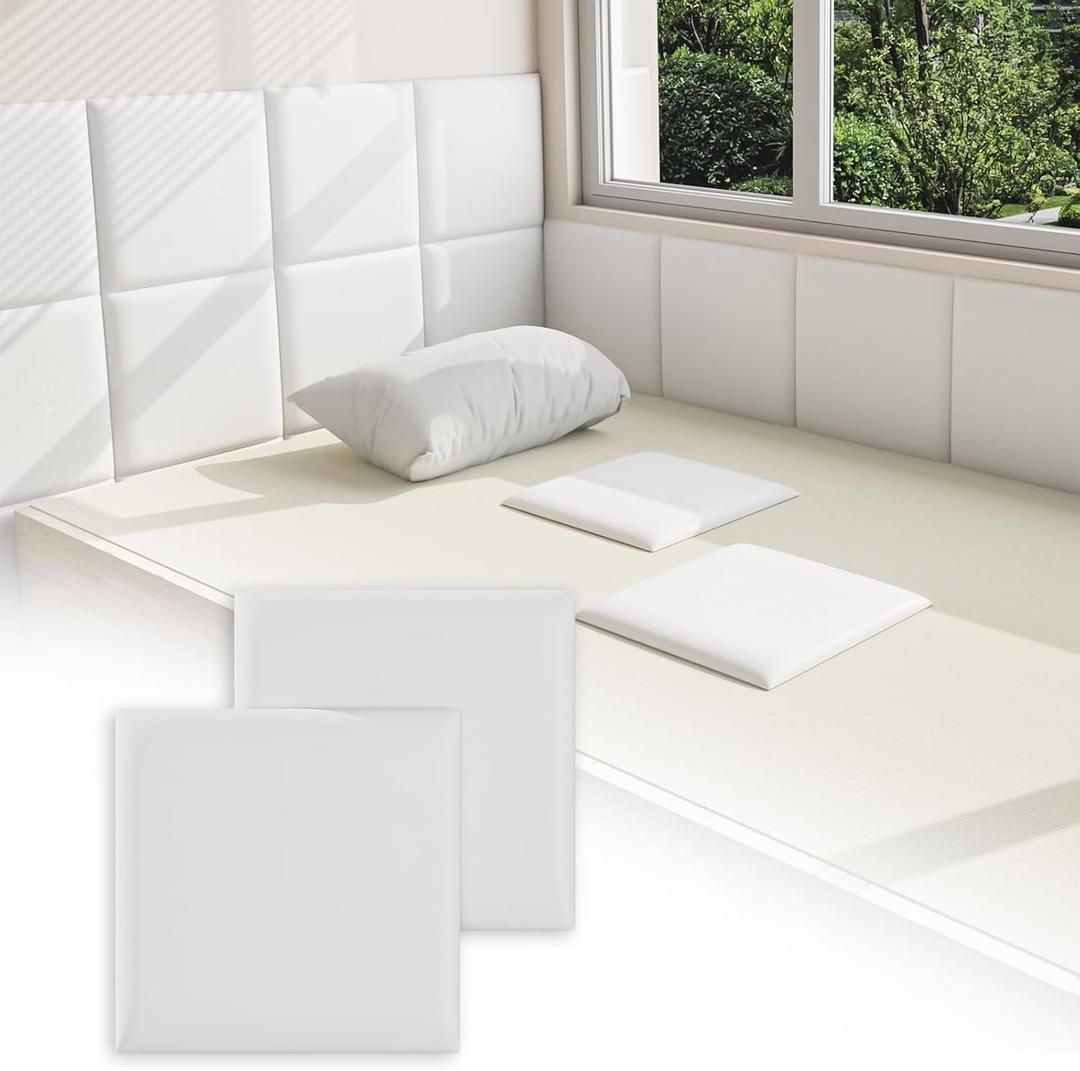 3D Anti-Collision Wall Padding for Kids, White Peel and Stick headboard Panels, Self-Adhesive Headboard Panels for Wall, Bedroom/Living Room Upholstered Wall Panel(12 Pack -11.8" x 11.8")