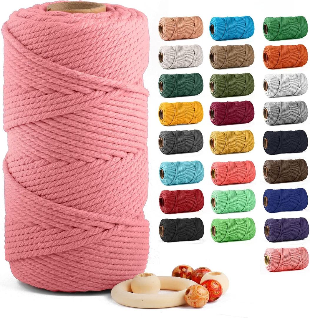 Macrame Cotton Cord 5mm x 109 Yards, ZUEXT 100% Natural Handmade Colorful 4 Strands Twisted Braided Cotton Rope for Wall Hanging Plant Hangers Gift Wrapping Tapestry DIY Crafts(100m, Deep Pink)