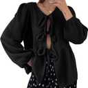 Tankaneo Womens Bow Tie Front Tops Babydoll Puff Long Sleeve Blouse Y2k Cotton Shirt (X-Large, Black)
