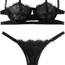 Lilosy Sexy Eyelash Underwire Floral Lace Sheer O Ring Linked Cutout Lingerie Set 2 Piece (Black)