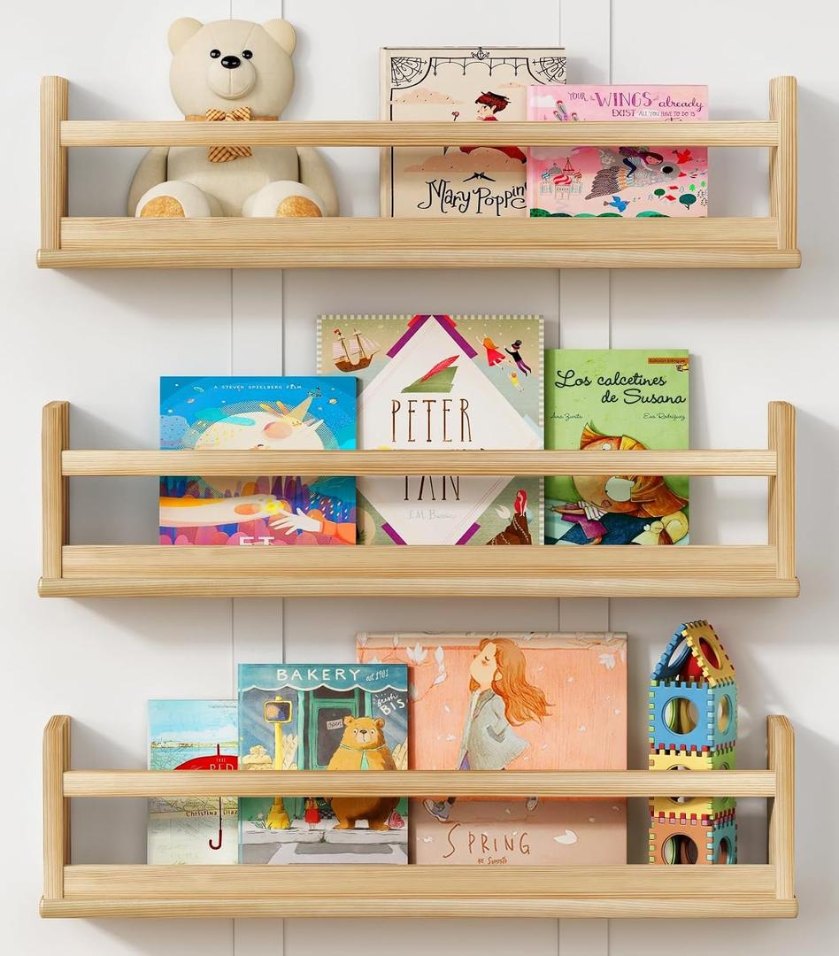 Harwaya Natural Wood Wall Bookshelf for Kids Bedroom Set of 3, 24 Inch Wooden Floating Nursery Book Shelves for Baby Boy Girl Room, Wall Mounted Toddler Book Shelf for Toy Organizers and Storage