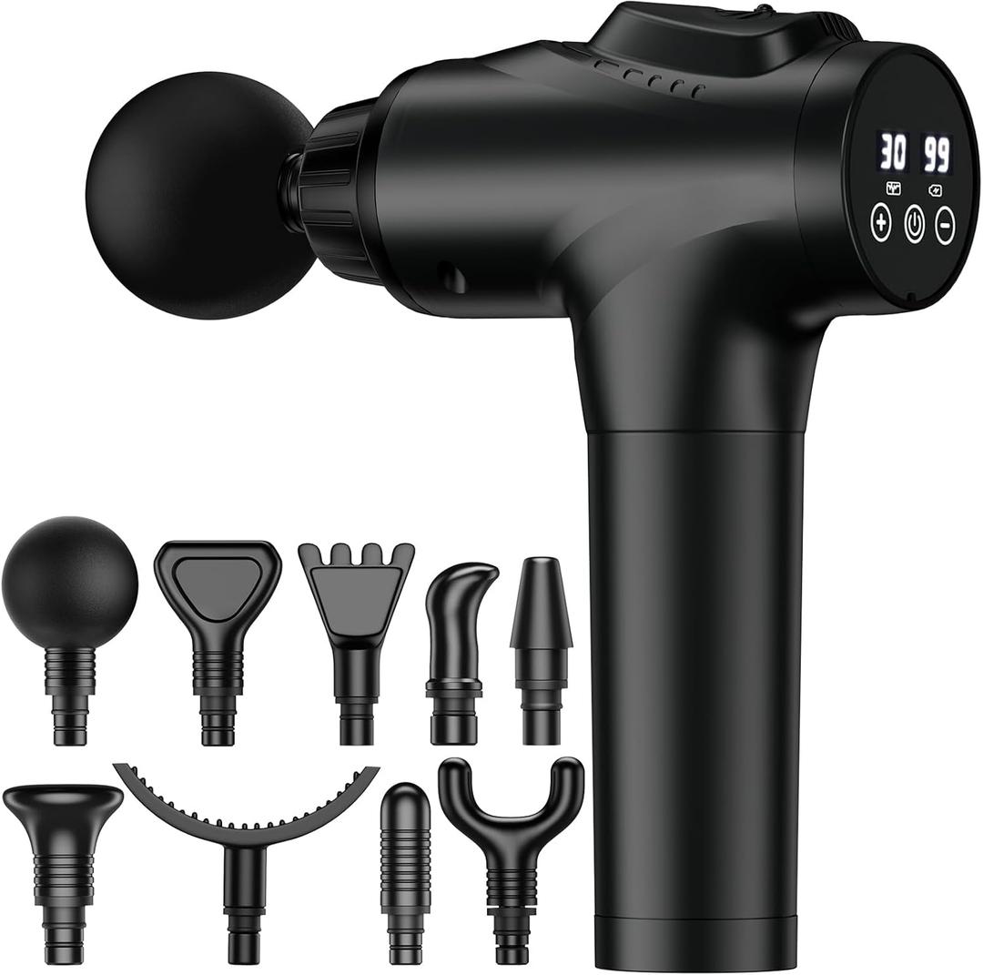 Massage Gun, Muscle Massage Gun for Athletes Handheld Electric Deep Tissue Back Massager, Percussion Massage Device for Pain Relief with 30 Speed Levels 9 Heads (Black)