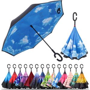 LLanxiry Umbrella,Inverted Reverse Upside Down Umbrellas with C-Shaped Handle, Anti-UV Waterproof Rain Umbrella for Women and Men (high clouds)