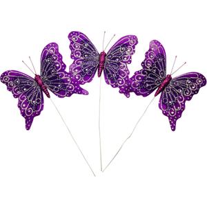 Set of 12 Glitter Monarch Feather Butterflies on Wire for Floral Arrangements and DIY Decorations (Purple/Silver)