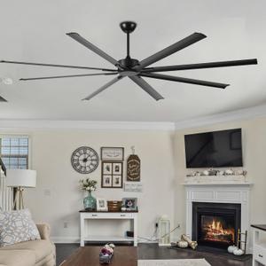 96 Inch Industrial Ceiling Fan, Large Ceiling Fan with Remote Control, Outdoor Fan with 8 Aluminum Blades,3 Downrods,6 Speed DC Motor, Commercial Ceiling Fans For Patios/Porch/Shop,Black No Light