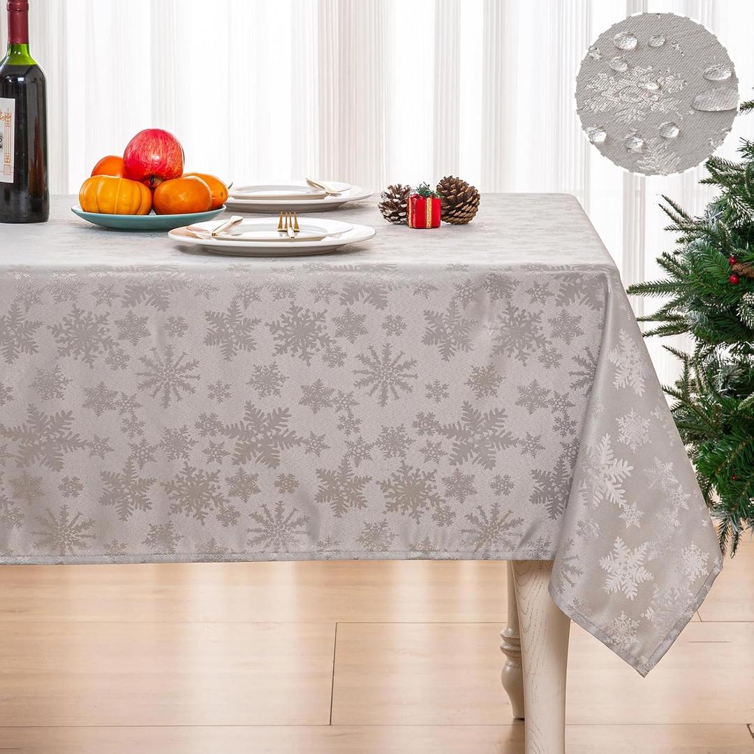 Mebakuk Christmas Jacquard Tablecloth Waterproof Damask Floral Pattern Table Cloth, Heavy Weight Wipeable Wrinkle Free Table Covers for Dinner or Daily Uses (Silver Gray, 60" x 84" (6-8 Seats))