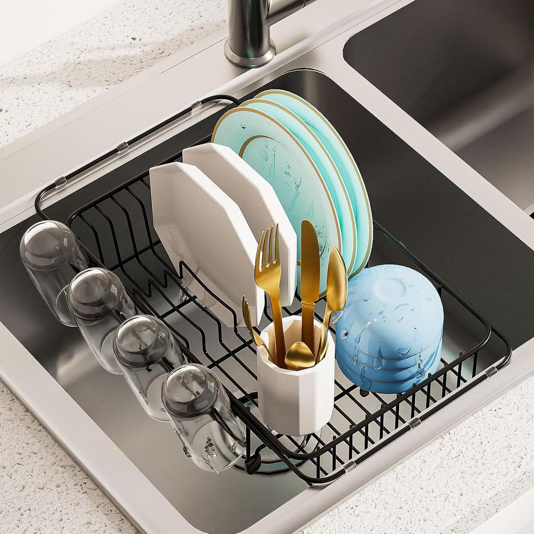 AIDERLY Dish Drying Rack in Sink Expandable Stainless Steel Kitchen Dish Drainer with 4 Cup Holders, Black