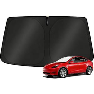 KUST Windshield Sun Shade for 2017-2026 Tesla Model Y/Model 3 Sunshade Accessories (Fit 2025-2026 Model Y Juniper / 2024 Model 3 Highland) Upgraded Foldable Sunshade, Blocks UV Rays Keep Car Cool