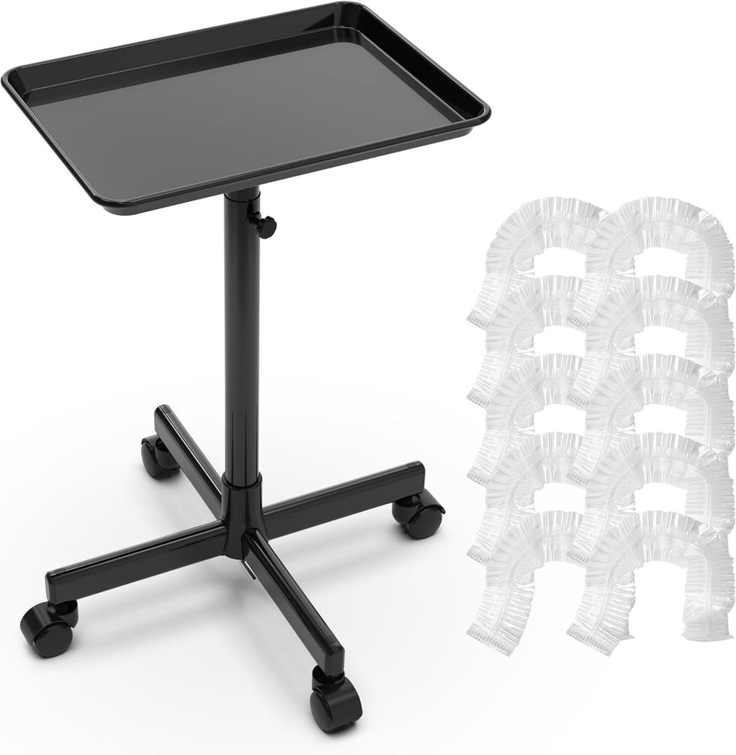 TASALON Rolling Salon Cart, Mobile Styling Station with Wheels Aluminum Rolling Tray Trolley for Salon Essentials, Adjustable Height or Hairstylist Tray with 10 PCS Disposable Salon Tray Cover
