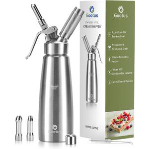 Gootus Professional Whipped Cream Dispenser - Stainless Steel, 500ml / 1 Pint Capacity, Includes 3 Stainless Decorating Nozzles and 1 Brush