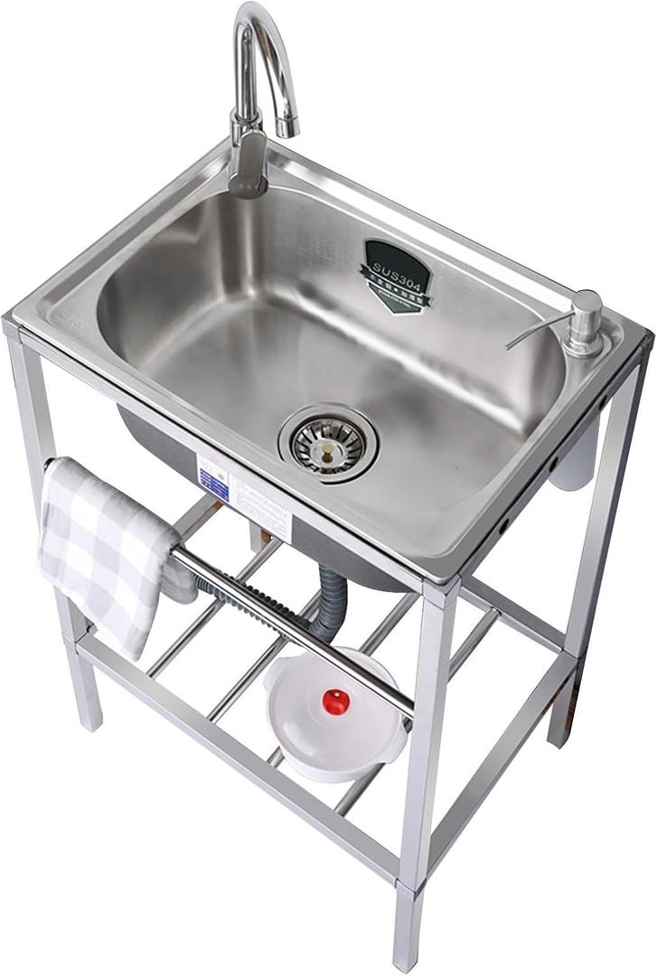 Outdoor Garden Sink Single Trough For Washing, Small Stainless Steel Utility Kitchen Hand Basin Station Sink Tub with Storage Shelve and Faucet, for Restaurant, Bar, Laundry, Garage, Backyard(54*40*75 (54*40*75cm/21.2*15.7*29.5in)