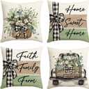 AVOIN colorlife Home Sweet Home Farmhouse Eucalyptus Leaves Throw Pillow Covers, 20 x 20 Inch Truck Stripes Buffalo Plaid Cushion Case Decorations Set of 4 (Green)