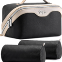 BOYATU Travel Makeup Bag Organizer Cosmetic Bag: 3 Pcs Set Make up Bags for Women with Handle - Waterproof Vegan Leather Toiletry Bags Travel Essentials Pouch with Compartments (A-01-Black)