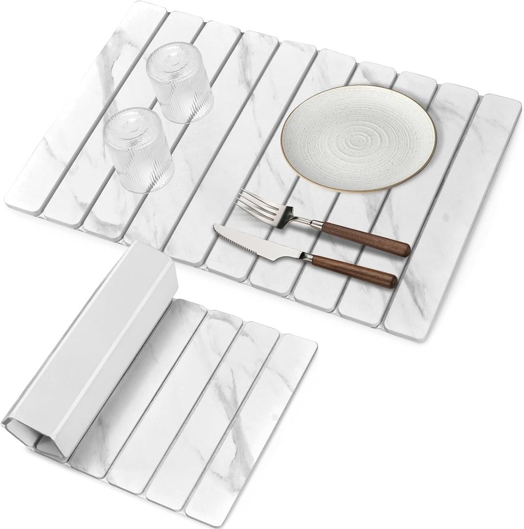 Large Stone Dish Drying Mats for Kitchen Counter, 24"×16" Marble-Pattern, Fast Drying Collapsible Dish Drying Mat, Eco-Friendly Absorbent Diatomaceous Earth Mats for Dishes Bottles, Match Countertop