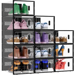 BALEINE 12 Pack Stackable Shoe Storage Boxes Fit Size 9, Thickened Clear Shoe Box Bins with Lids, Plastic Foldable Organizer Sneaker Storage Containers (Large, Black)