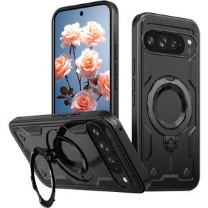 360Rotatable Magnetic Ring for Google Pixel 9 Pro XL Case [Compatible with MagSafe] Build in Invisible Stand [Drop Protection] Shockproof Military-Grade Protection Anti-Fingerprint, Black