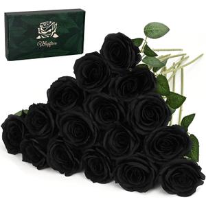 Waipfaru 16 Pcs Artificial Flowers Fake Silk Black Roses Bulk, Faux Real Touch Roses Bouquet with Long Stem for Wedding Party Home Decor (Black)