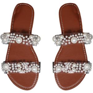 OYOANGLE Women's Pearl Decor Clear Double Strap Open Toe Slide Sandals Dressy Summer Slip on Flat Sandals (39, Brown)