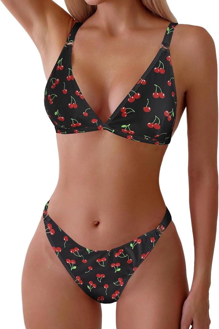 ZAFUL Women's 2 Piece Floral Print Swimsuit Triangle String High Cut Bikini Sets Bathing Suit (Large, 1-red Cherry) ZAFUL Women's 2 Piece Floral Print Swimsuit Triangle String High Cut Bikini Sets Bathing Suit (Large, 1-red Cherry)