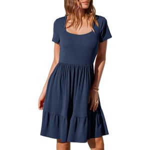 Newshows Women 2025 Summer Dress Square Neck Formal Short Sleeve Business Casual Outfits Ruffle Spring Pockets Sundress (Large, Navy Blue)