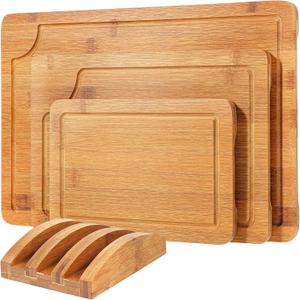 3-Piece Wood Cutting Board Set - Solid Bamboo Wood Cutting Board for Kitchen with Holder, Durable Wooden Chopping Boards Set of 3 for Meat, Vegetables and Fruits (15x10, 10x8, 9x6 inch)