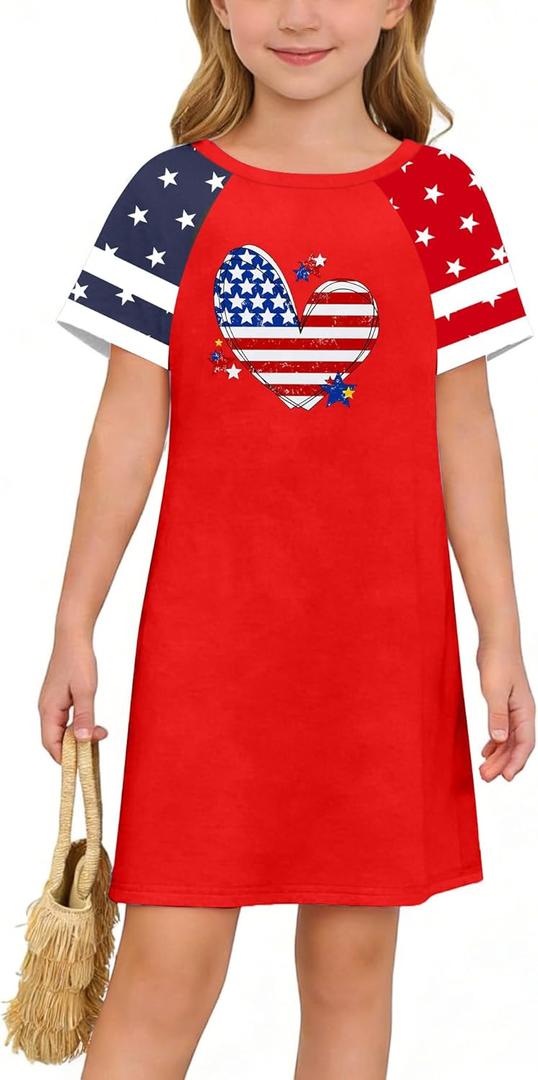 LAZYCHILD Girls 4th of July Dress: Kids USA Dresses American Flag Dress Independence Day Patriotic Outfit Red, 9-10 Years