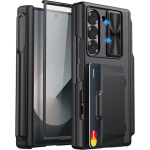 for Samsung Galaxy Z Fold 6 Case with Card Holder & S Pen Holder & Slide Camera Cover, Built-in Hinge Protection & Screen Protector, Durable Wallet Phone Cover Case for Z Fold 6 5G 2024, Black
