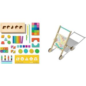 Lovevery 70-Piece Solid Wood Building Block Set, Shapes, Storage Box + Wooden Toy Stroller for Pretend Play, Ages 12 Months+