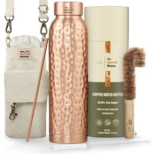 Premium 99.96% Pure Copper Water Bottle, 32 oz (950 ml), Hand-Hammered Finish,Leak-Proof Cap | Canvas Bag, Coconut Fiber Brush & Copper Straw Cleaner | Home, Office, Gym & Travel
