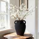 Handmade Black Terracotta Vase, 8.2" Tall with 4 Ears, Wide Mouth Ceramic Vases, Vintage Farmhouse Vase, Rustic Antique Matte Finish Decor Vases for Home, Living Room