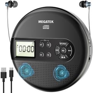 MEGATEK Portable CD Player with Dual Stereo Speakers and 60 Seconds Anti Skip, Personal Walkman CD Player for Car with Headphones, USB Port, Bluetooth and FM Transmitter, 2000mAh Rechargeable Battery