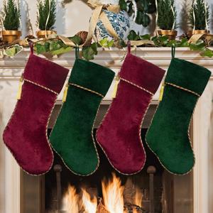 Christmas Stockings 4 Pack Green and Red Velvet Christmas Stockings with Tassel for Family Kids Decorations for Farmhouse Fireplace Hanging