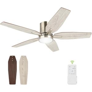 42" Flush Mount Ceiling Fan - 5 Blades Modern Ceiling Fan with Light for Living Room and Bedroom - Quiet DC Motor - Dimmable - Reversible Function - Light Wood Tone/Dark Brown