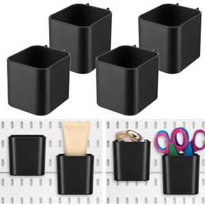 Tanlade 4 Pcs Pegboard Cups with Hooks, 2.9 x 3.5 x 3.2 Inch Pegboard Bins Accessories, Peg Board Containers Peg Board Organizer Cups for Garage Wall Kitchen Office Workbench Home(Black)