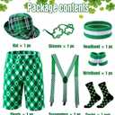 St. Patrick’s Day Leprechaun Costume Set for Men, Shamrock Shorts with Suspenders, Green Hat, Socks & Glasses (S)