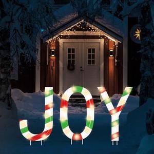 QOUBAI 3PCS Christmas Joy Candy Cane Yard Signs with LED Lights and Stakes Xmas Peppermint Decorations Holiday Waterproof Lighted Lawn Joy Yard Sign for Outdoor Garden Pathway Walkway Patio