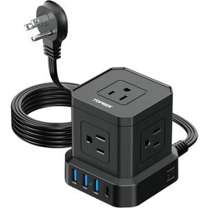 TOPREK Power Strip with USB, USB C (3.0A) Power Strip with 5 Outlets, 1 USB-C & 3 USB-A, 5 FT Flat Extension Cord with Ultra Thin Flat Plug, Surge Protector Compact for Home Office, Dorm, Hotel Travel