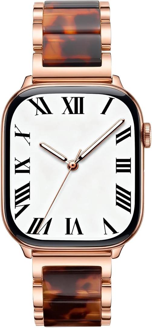 V.R.HOPE Apple Watch Band for Women 38mm 40mm 41mm 42mm Fashion Rose Gold Stainless Steel Metal Strap with Resin Inlay, Fashion Bracelet Compatible with iWatch Series 11/10/9/8/7/6/5/4/3/2/1/SE (Tortoise+Rose Gold) Size: 38mm/40mm/41mm/42mm