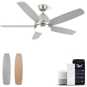 Smart Ceiling Fan with Light, Modern Nickel 52-Inch Outdoor Ceiling Fan and Remote/App, Dimmable Tri-Color LED and Reversible Motor For Indoor Bedroom/Outdoor Covered Patio