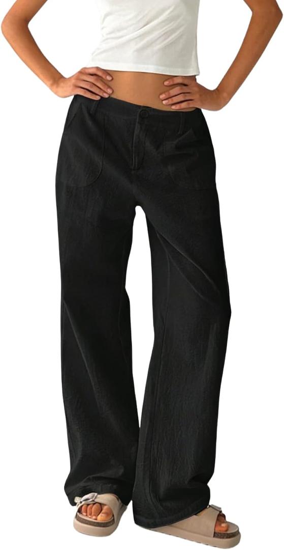 SOFIA'S CHOICE Women's Baggy Wide Leg Pants Low Waisted Cotton Trousers Y2K Casual Loose Fit Streetwear Pants Black Large 