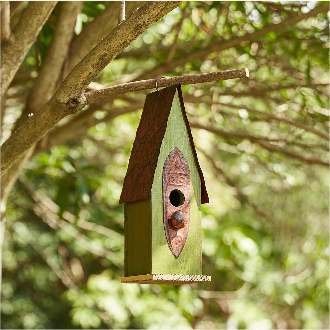 Glitzhome Distressed Green Solid Wood Birdhouse Hand Painted Hanging Bird House for Outdoors 13.25" H