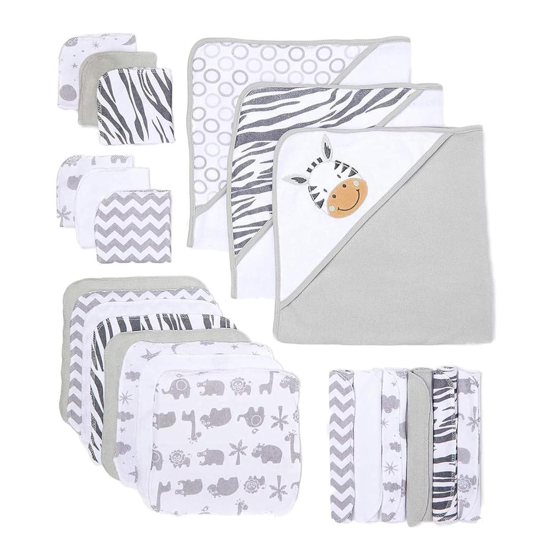 Spasilk 23-Piece Soft Terry Hooded Bath Towel and Washcloth Gift Set, 3 Baby Towels and 20 Baby Washcloths for Unisex Newborn Bath Essentials, Ideal, White Zebra