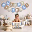 DCJHFJ Felt Khaki Blue Happy Birthday High Chair Banner Pre-Strung Birthday Hanging Decoration for 1st Birthday Decorations Boy