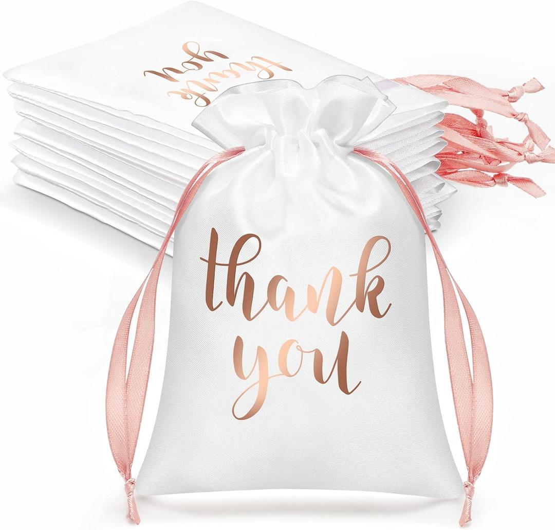 Sieral 50 Pcs Thank You Satin Gift Bags with Drawstring Jewelry Candy Pouches for Valentines Easter Wedding Baby Shower Birthday Holiday Party Thank You Bag for Gift Wrap(White, Rose Gold, 4 x 6 Inch)